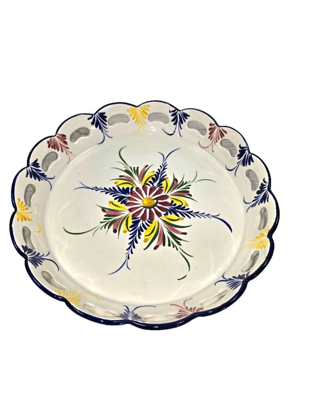 VTG Portuguese Hand Painted Pottery Pie Plate Scalloped Floral Folk Art Cottage